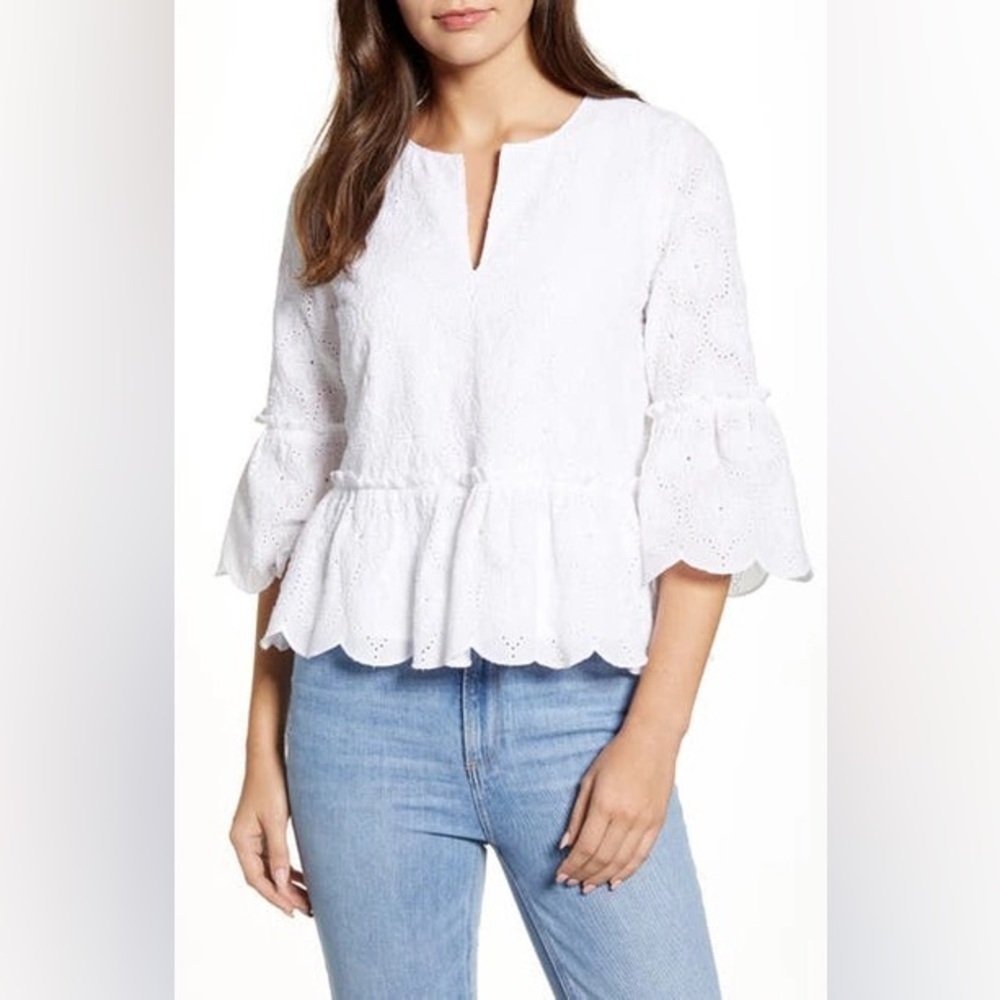 Vineyard Vines sz L White Cap Island Eyelet Embroidered Floral Peplum Top Blouse